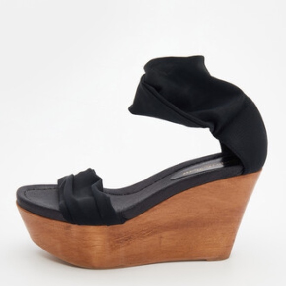 Gianvito Rossi Wood Platform Wedge Sandals Stretch Fabric Ankle Black Y2K 2000s - Picture 1 of 11